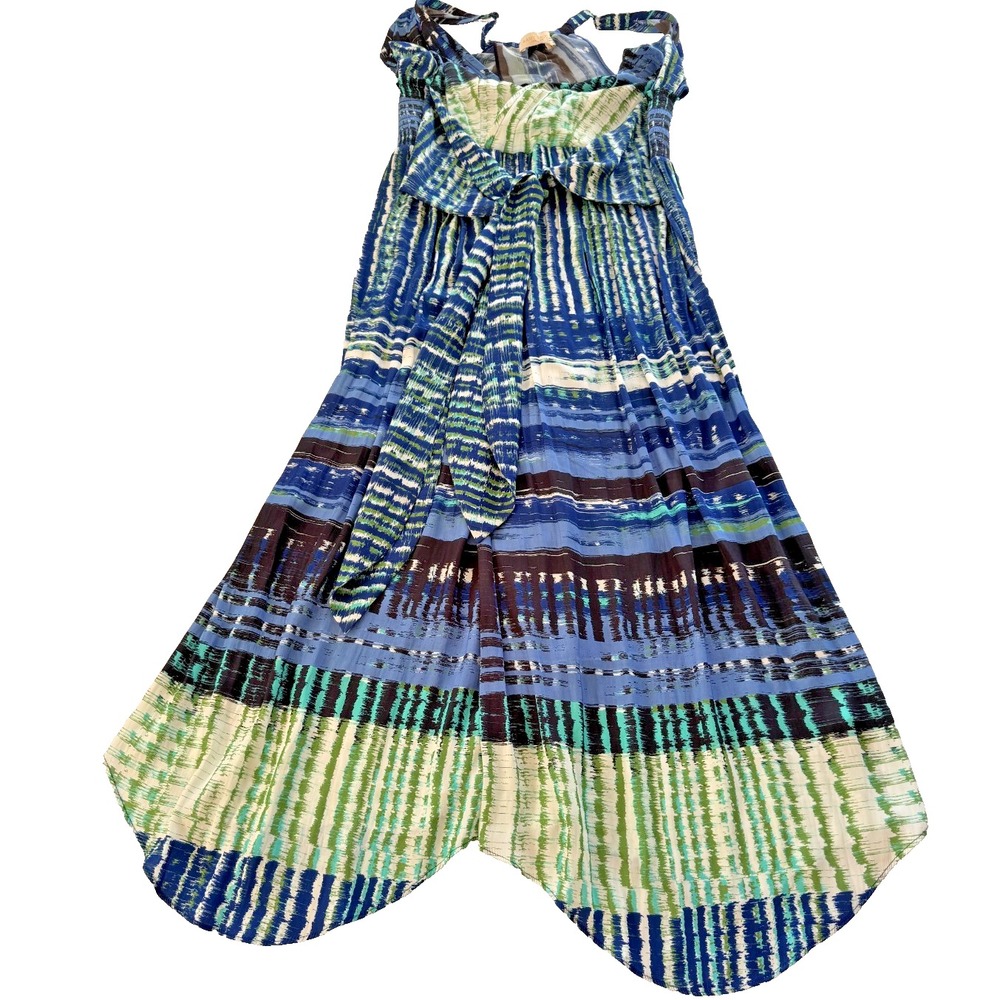 Ramy Brook Blue Green Watercolor Halter Midi Wrap Tie‎ Waist Dress Medium - Picture 9 of 12